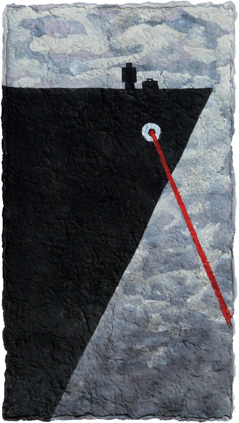 Gerhard Walter Feuchter | AMERIKA / ANKUNFT KARL ROSSMANNS IN NY | aus der Serie Hommage a Kafka | seit 2012 | Papierguss, Acryl, Pigment und Asche | 50 x 27 cm | Galerie Moench Berlin