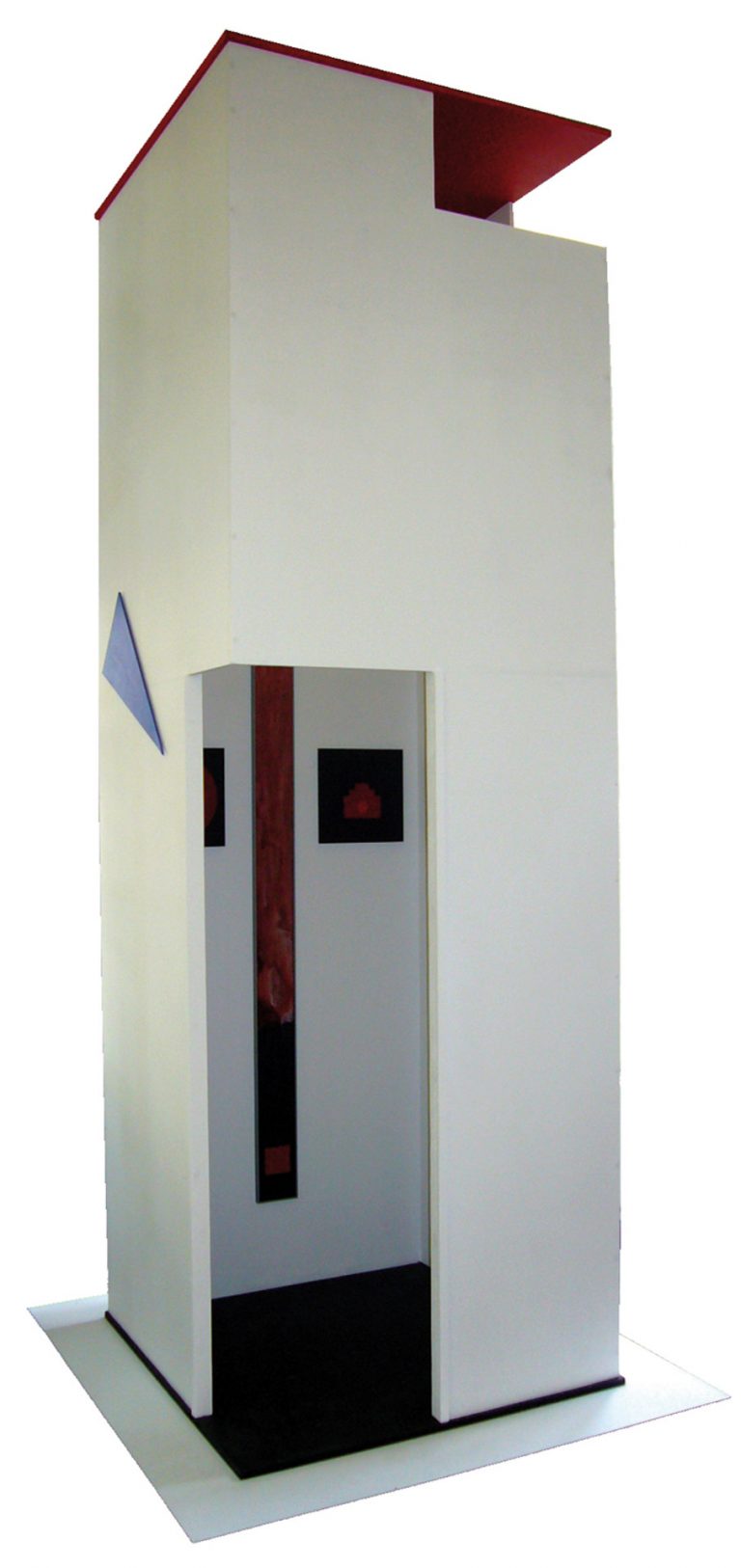 Gerhard Walter Feuchter | ARCHITEKTON | 2009 | Turm-Objekt: Mischtechnik | 315 x 110 x 110 cm | Bodenplatte: SCHWARZES QUADRAT AUF WEISSEM GRUND | Dachfläche: ROTES QUADRAT | außen re: WEISSES QUADRAT AUF WEISSEM GRUND | außen li: ERSCHAFFUNG ADAMS | Galerie Moench Berlin