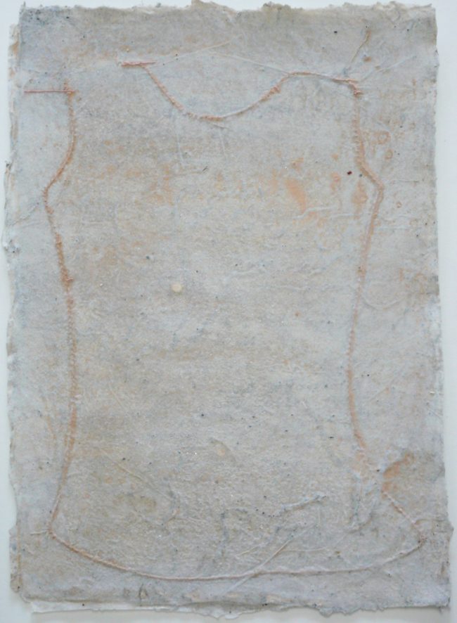 Carola Czempik | FLIEG ICH 15 | 2012 | Malerei: Salz, Speckstein, Tripel, weißer Quarz, Marmor, Alabaster, transparente China Papiere, Wachs und Acryl auf Büttenpapier | 30 cm x 21 cm | im Dialog mit IM LEEREN SPIEGEL von Johannes Bobrowski | Galerie Moench Berlin