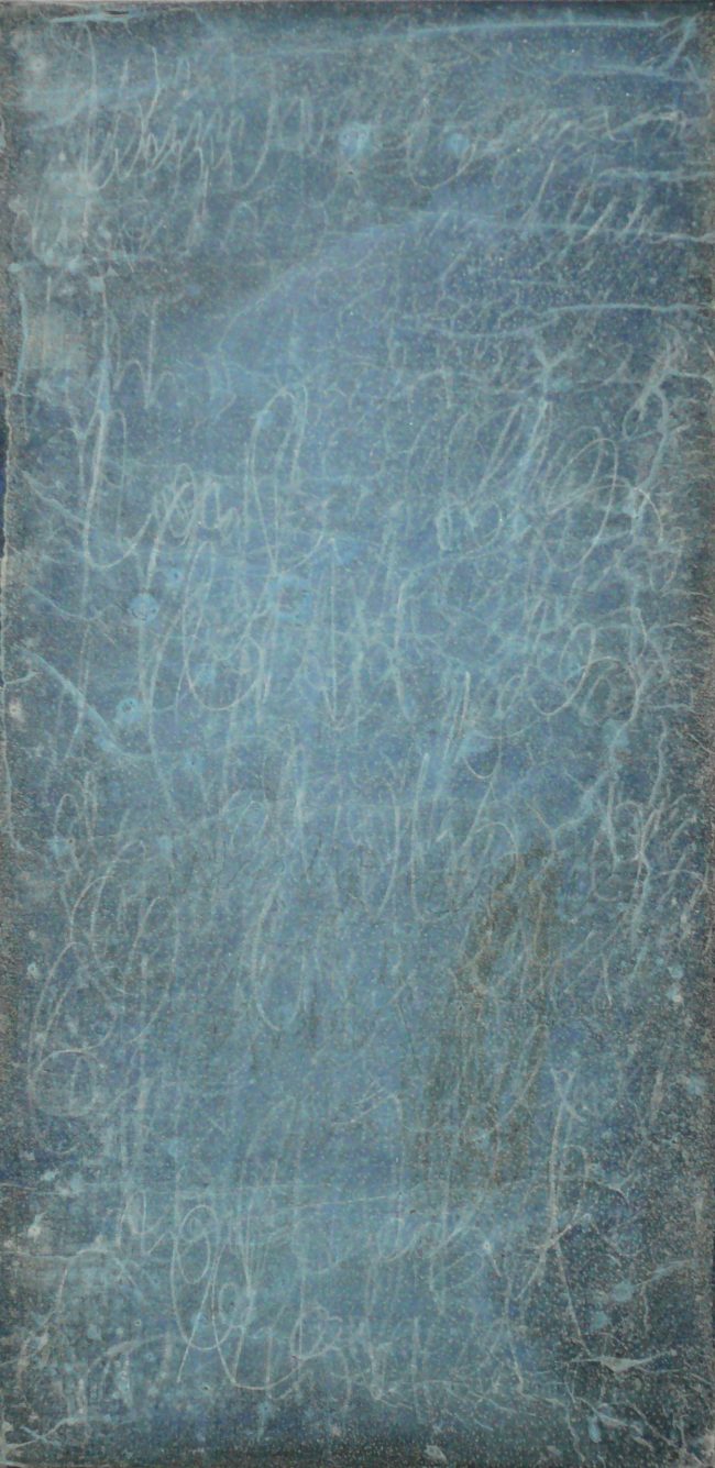 Carola Czempik | WEISSE SOHLEN BETRETEN DEN WIND 2 | 2011/2012 | Malerei: Pigmente, Marmor, Alabaster, Quarzmehl, Salz, transparente Papiere, Graphit, Spitze, Wachs und Acryl auf Leinwand | 60 x 30 cm | Galerie Moench Berlin