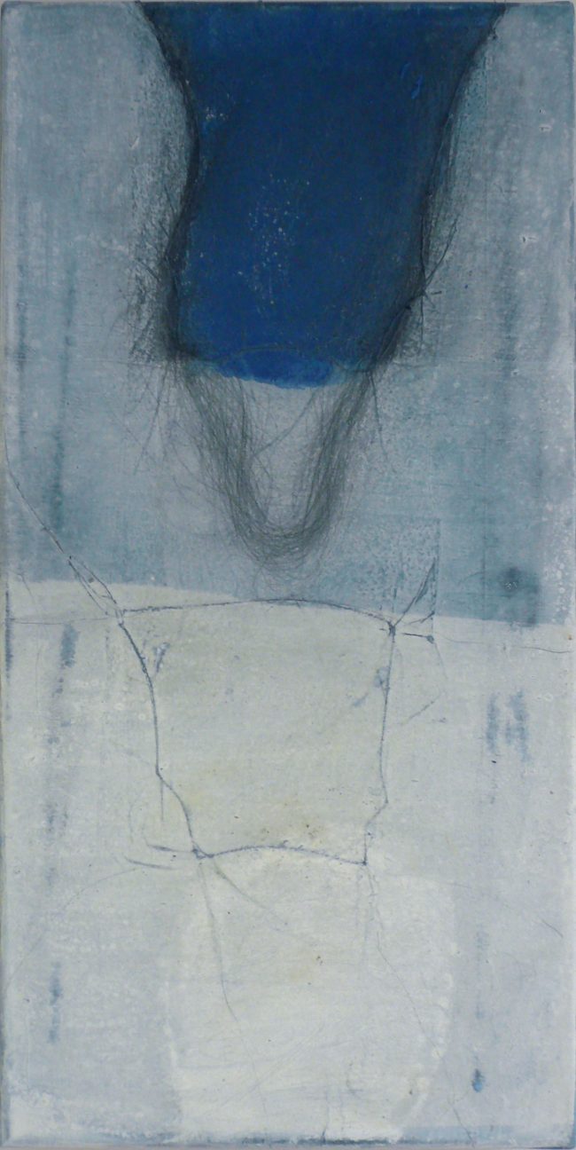 Carola Czempik | WEISSE SOHLEN BETRETEN DEN WIND 5 | 2011/2012 | Malerei: Pigmente, Marmor, Alabaster, Quarzmehl, Salz, transparente Papiere, Graphit, Spitze, Wachs und Acryl auf Leinwand | 60 x 30 cm | Galerie Moench Berlin