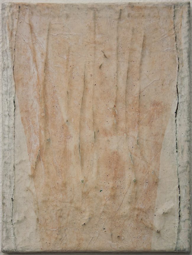 Carola Czempik | WINDFELDER 3 | 2013 | Malerei: weißer Quarz, Marmor, Alabaster, Speckstein, Schiefer, Sandstein, Pflanzenfaser, transparente Chinapapiere und Wachs auf Leinwand | 40 x 30 cm | Galerie Moench Berlin