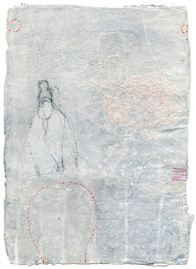 Carola Czempik | WINDGANG 1 | 2012/2013 | Malerei: Pigmente, Marmor, Alabaster, Quarzmehl, Salz, transparente Papiere, Graphit, Flachs, Baumwollgarn, Wachs und Acryl auf Papier | 21 cm x 29,7 cm | Galerie Moench Berlin