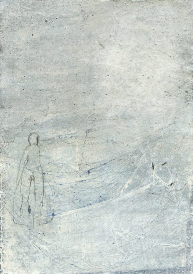 Carola Czempik | WINDGANG 10 | 2012/2013 | Malerei: Pigmente, Marmor, Alabaster, Quarzmehl, Salz, transparente Papiere, Graphit, Flachs, Baumwollgarn, Wachs und Acryl auf Papier | 21 cm x 29,7 cm | Galerie Moench Berlin