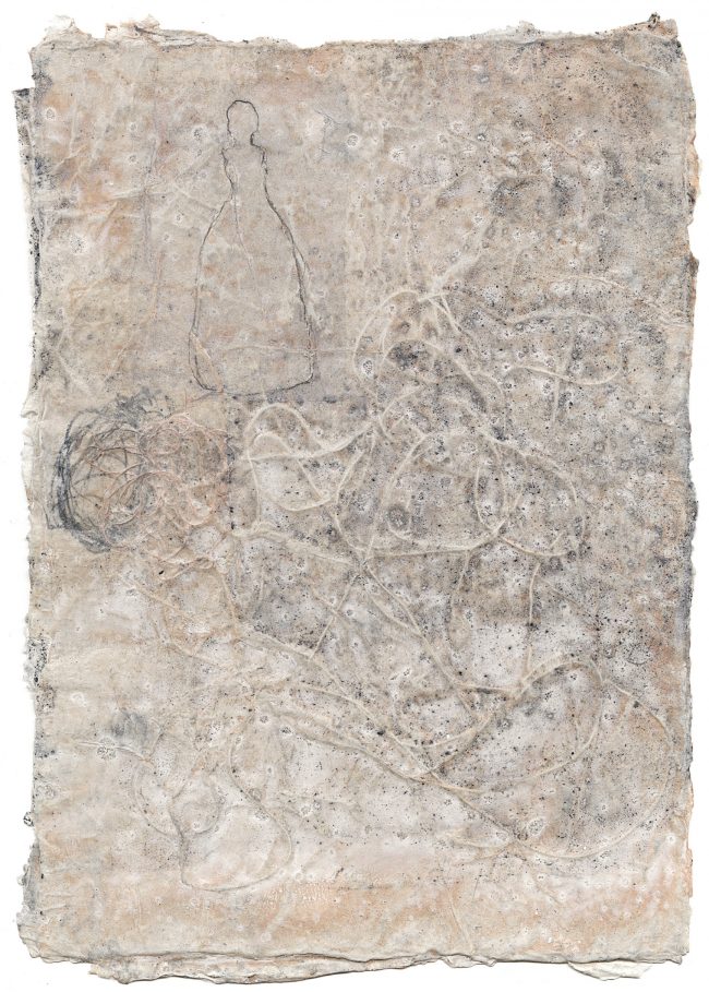 Carola Czempik | WINDGANG 3 | 2012/2013 | Malerei: Pigmente, Marmor, Alabaster, Quarzmehl, Salz, transparente Papiere, Graphit, Flachs, Baumwollgarn, Wachs und Acryl auf Papier | 21 cm x 29,7 cm | Galerie Moench Berlin