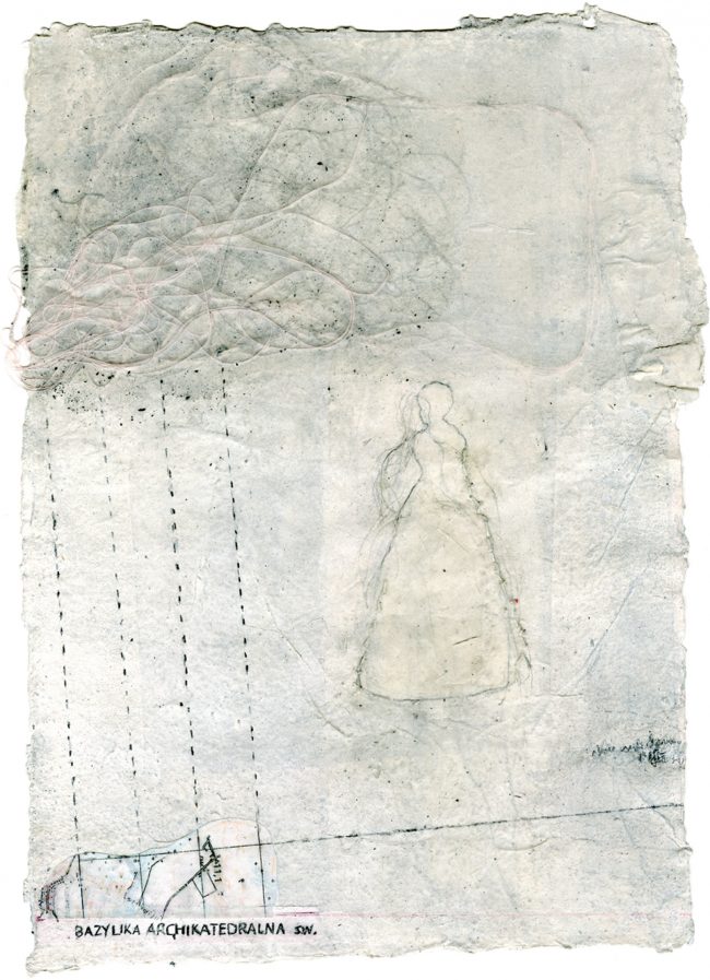 Carola Czempik | WINDGANG 4 | 2012/2013 | Malerei: Pigmente, Marmor, Alabaster, Quarzmehl, Salz, transparente Papiere, Graphit, Flachs, Baumwollgarn, Wachs und Acryl auf Papier | 21 cm x 29,7 cm | Galerie Moench Berlin