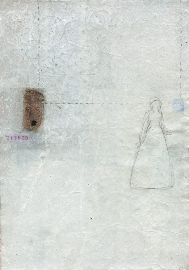 Carola Czempik | WINDGANG 5 | 2012/2013 | Malerei: Pigmente, Marmor, Alabaster, Quarzmehl, Salz, transparente Papiere, Graphit, Flachs, Baumwollgarn, Wachs und Acryl auf Papier | 21 cm x 29,7 cm | Galerie Moench Berlin