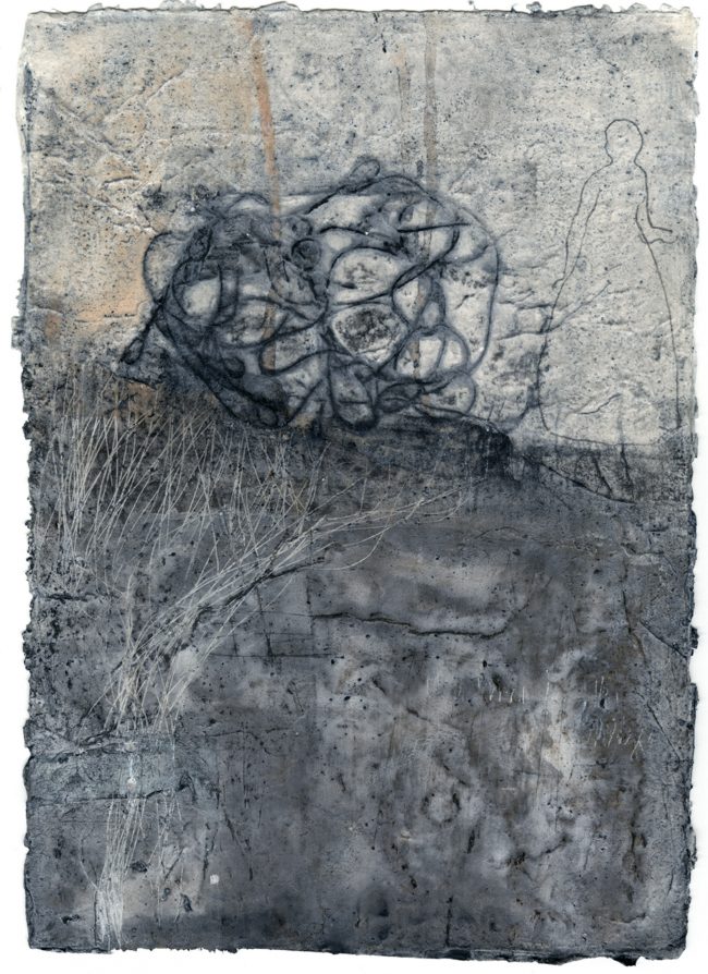 Carola Czempik | WINDGANG 6 | 2012/2013 | Malerei: Pigmente, Marmor, Alabaster, Quarzmehl, Salz, transparente Papiere, Graphit, Flachs, Baumwollgarn, Wachs und Acryl auf Papier | 21 cm x 29,7 cm | Galerie Moench Berlin