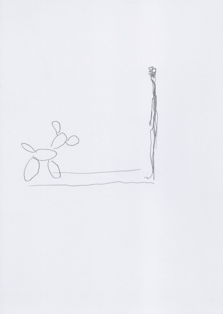 Thomas Muellenbach | GIACOMETTI OBSERVING KOONS | 2014 | Graphit auf Papier | 29,7 x 21 cm | Galerie Moench Berlin